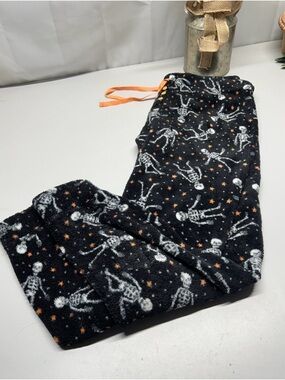 Women's Black Skeleton Print Fleece Pajama Pants